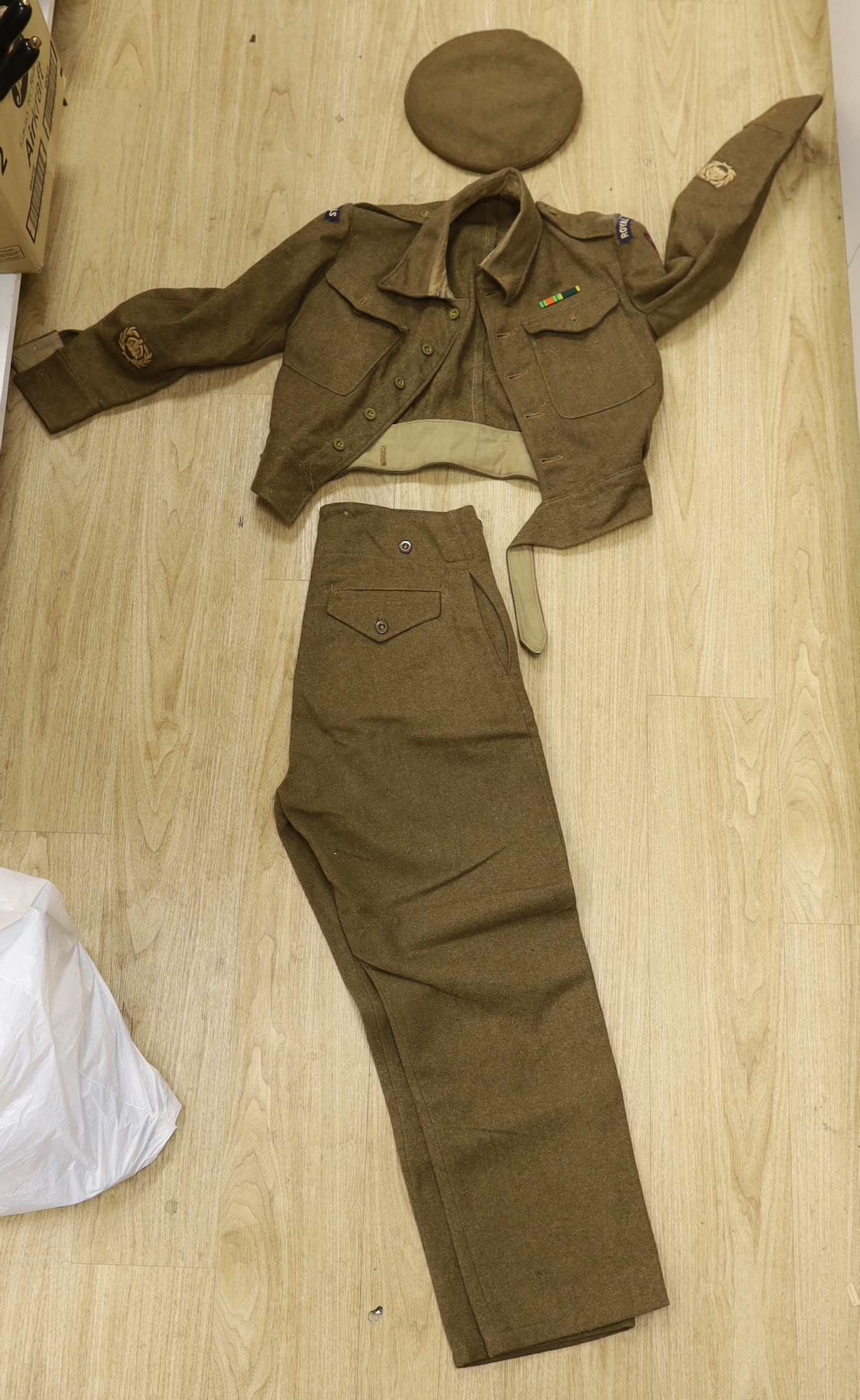 Military interest - a Royal Corps of Signals army uniform, ration kits, field service pocket book, glasses to be worn with a respirator, various badges, knives etc.